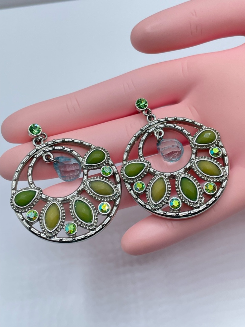 Silver Tone Green Acrylic AB Crystal Circle Drop Earrings Statement